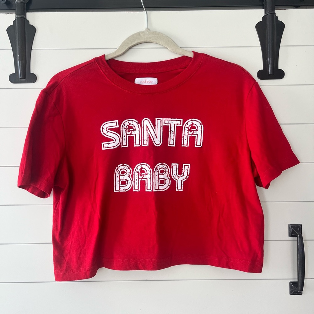 Colsie Red ‘Santa Baby’ Cropped Tee - Medium - Christmas in July Festive Xmas
